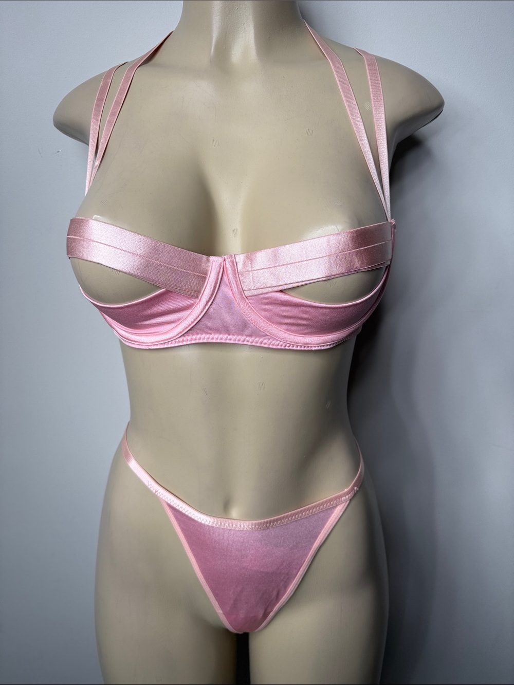 Satin Pink Strappy Underwire Bra & Thong Set